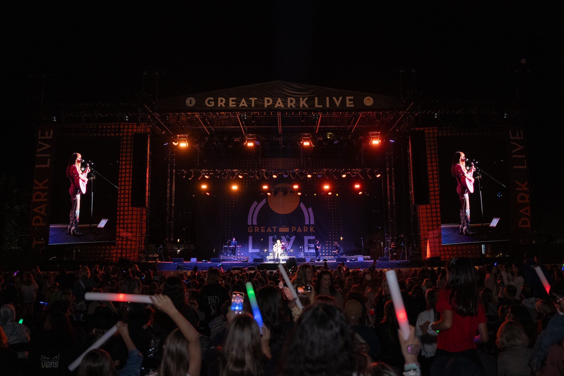 Great Park Live at night with Melody Ebner on the big screens